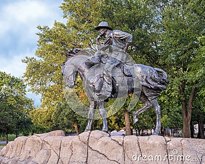 Bronze cowboy on horseback in the Pioneer Plaza, Dallas, Texas. Stock Photo