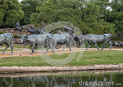Bronze cowboy on horseback with steers in the foreground in the Pioneer Plaza, Dallas, Texas. Stock Photo