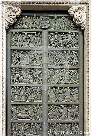 Bronze door of Milan`s cathedral Duomo di Milano Stock Photo