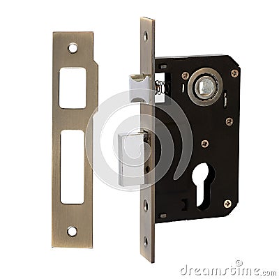 Bronze double-turn lock with a rectangular bolt and strike plate Stock Photo