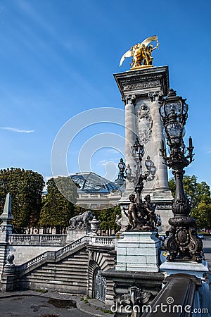 Bronze lamps on Alexander III Bridge Stock Photo