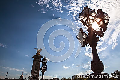 Bronze lamps on Alexander III Bridge Stock Photo