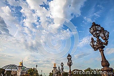 Bronze lamps on Alexander III Bridge Stock Photo