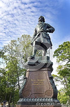 Bronze Monument to Peter I,19th century, in Kronstadt, St. Petersburg, Russia. An inscription - to Peter I - the founder of Stock Photo