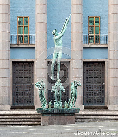 Bronze Orpheus Fountain sculpture, by Carl Milles, Stockholm Concert Hall building, Hotorget, Stockholm, Sweden Editorial Stock Photo