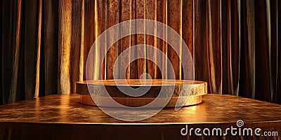 A bronze podium with a rough, textured finish, set against a backdrop of deep, rich-colored Stock Photo