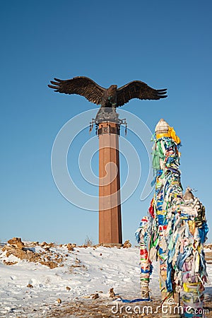 Bronze sculpture of an eagle in the Tazheranskaya steppe,lake Baikal,Russia Editorial Stock Photo