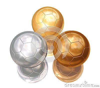 Bronze, silver, gold soccer balls Stock Photo