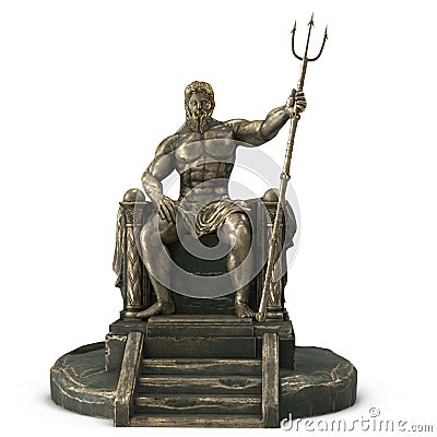 Bronze statue of the Greek god Poseidon on an isolated white background. 3d illustration Cartoon Illustration
