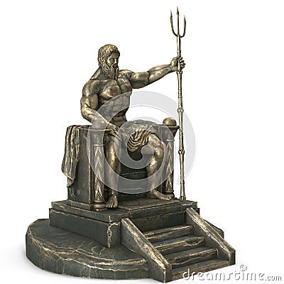 Bronze statue of the Greek god Poseidon on an isolated white background. 3d illustration Cartoon Illustration