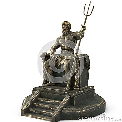 Bronze statue of the Greek god Poseidon on an isolated white background. 3d illustration Cartoon Illustration