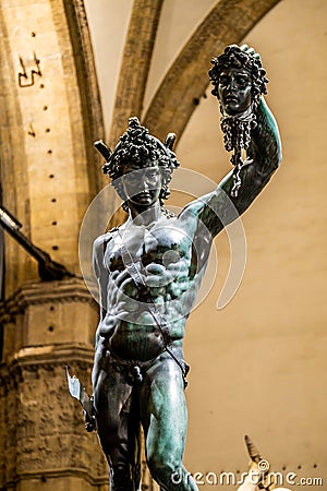 Bronze statue of Perseus holding the head of Medusa in Florence, made by Benvenuto Cellini in 1545 Stock Photo