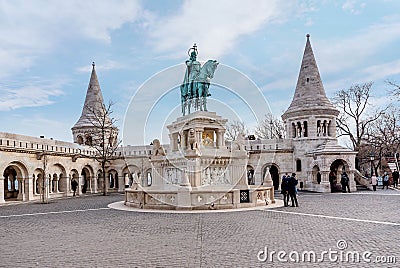 Bronze statue of Saint Stephen near Fisherman`s Bastion in Budap Editorial Stock Photo