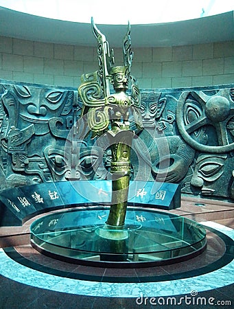 The bronze statue of the Sanxingdui Museum in Deyang, Sichuan, China Editorial Stock Photo