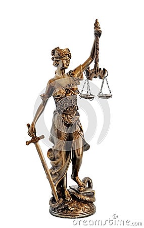 Bronze statuette Femida on white background Stock Photo