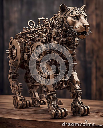 Bronze Steampunk Cheetah on Wooden Table Stock Photo