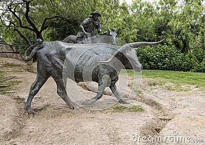 Bronze Steers and Cowboy Sculpture Pioneer Plaza, Dallas Stock Photo