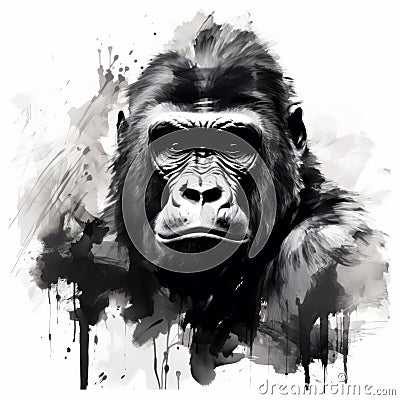 Bronze And White: A Monochromatic Gorilla Portrait In Watercolor Cartoon Illustration