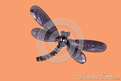 Brooch in form of a dragonfly with shine on an orange background Stock Photo