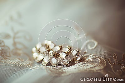 Brooch, hairpin with stones for brides with white lace, fashion accessories, wedding decorations, morning of the bride Stock Photo