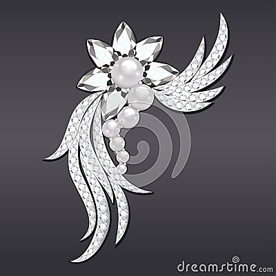 brooch with pearls and precious stones. Filigree Vector Illustration