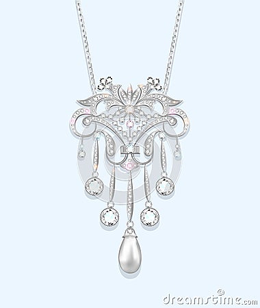 brooch with pearls and precious stones. Filigree v Vector Illustration