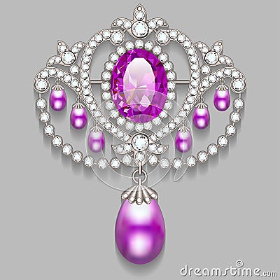 brooch with pearls and precious stones. Filigree v Vector Illustration