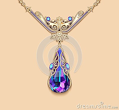 brooch pendant with and precious stones. Filigree Vector Illustration