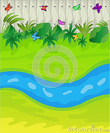 Brook on a green lawn and wooden fence Vector Illustration