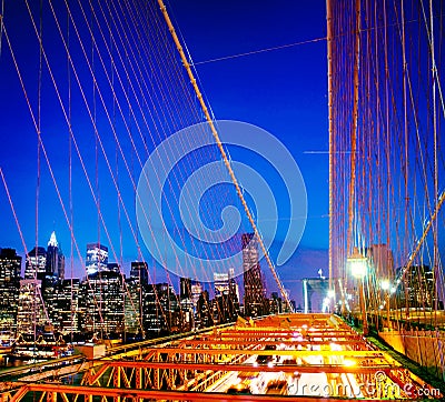 The Brooklyn Bridge Financial District Night Concept Stock Photo
