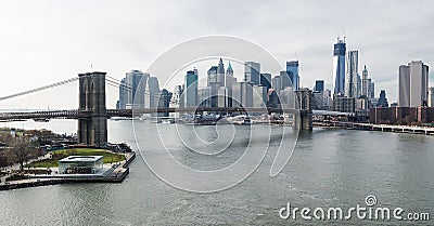 Brooklyn Bridge and Lower Manhattan overhead view. Editorial Stock Photo