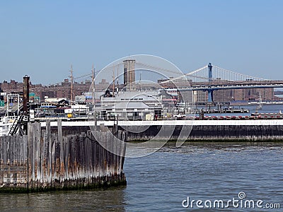 Brooklyn Bridge and Manhattan as seen from the New York City harbor Stock Photo