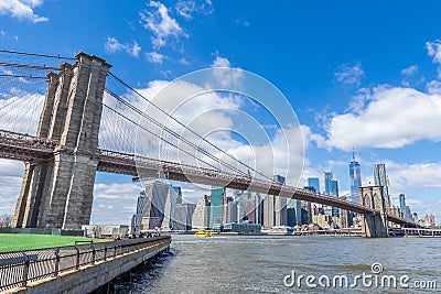 Brooklyn Bridge with Manhattan downtown and Cityscape on sunny day with clear blue sky New York USA Stock Photo