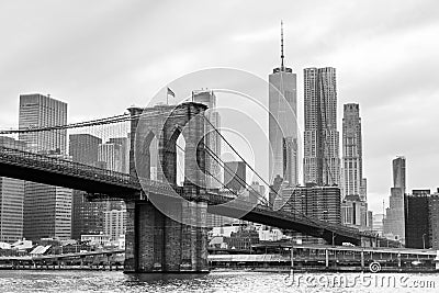 Brooklyn Bridge and Manhattan skyline in black and white, New York, USA. Editorial Stock Photo