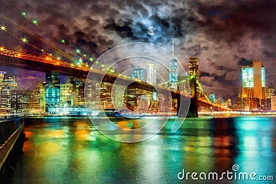 Brooklyn Bridge and Manhattan Skyline Night, New York City Stock Photo