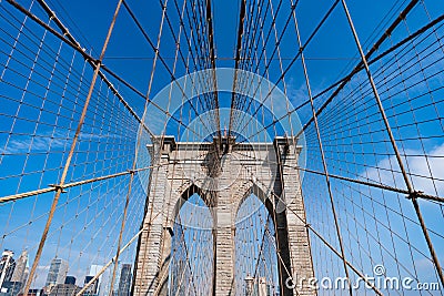 Brooklyn bridge in New York. Architecture of historic bridge in Brooklyn. Brooklyn bridge of New York city. New York Stock Photo