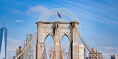 Brooklyn bridge in New York. Architecture of historic bridge in Brooklyn. Brooklyn bridge of New York city. New York Stock Photo