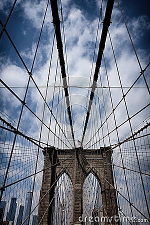 Brooklyn bridge in New York City. Close-up view. Editorial Stock Photo