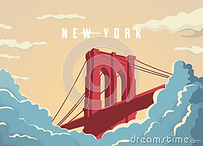 Brooklyn bridge in New York in USA postcard vector template. Bridge in sunset with clouds or fog below. Vector Illustration