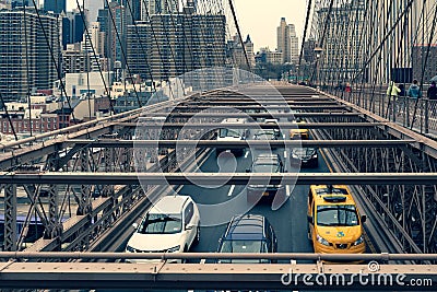 Brooklyn Bridge traffic, overcast with traffic taxi Editorial Stock Photo