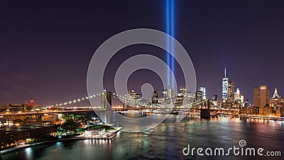 Brooklyn Bridge and Tribute In Light Stock Photo