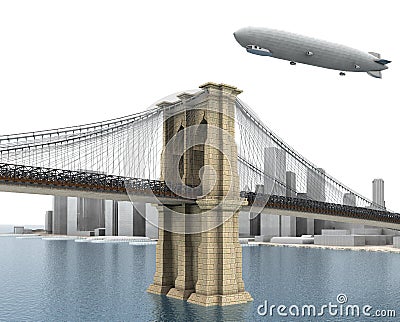Brooklyn Bridge and Zeppelin in New York City Cartoon Illustration