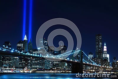 Brooklyn Brigde and the Towers of Lights Editorial Stock Photo