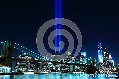 Brooklyn Brigde and the Towers of Lights Editorial Stock Photo