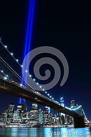 Brooklyn Brigde and the Towers of Lights Editorial Stock Photo
