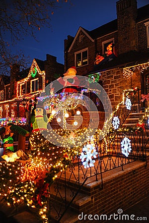 BROOKLYN, NEW YORK - DECEMBER 20, 2017 - Dyker Heights Christmas Lights are decorated for the holiday for Editorial Stock Photo