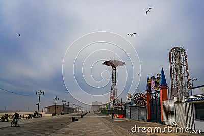 Sand storm at the Riegelmann Boardwalk at Coney Island Beach in Brooklyn Editorial Stock Photo