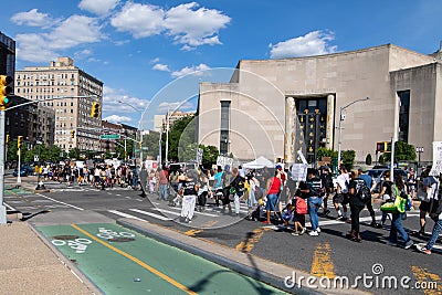 Peaceful protest at Grand army Plaza. Protesters holding signs Editorial Stock Photo