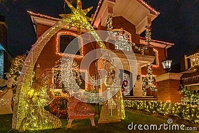 Brooklyn, NY, USA - December 26, 2019, Night view Christmas decoration of houses in Dyker Heights, New York City Editorial Stock Photo