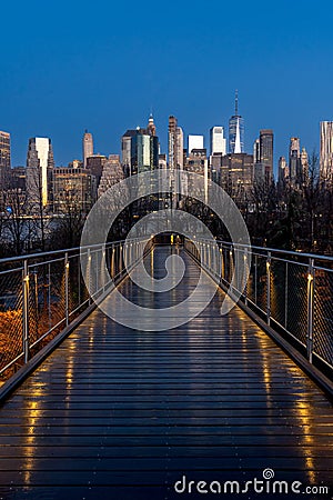 Vertical view of Squibb Park Bridge, a footbridge connecting Brooklyn Bridge Park and Squibb Editorial Stock Photo